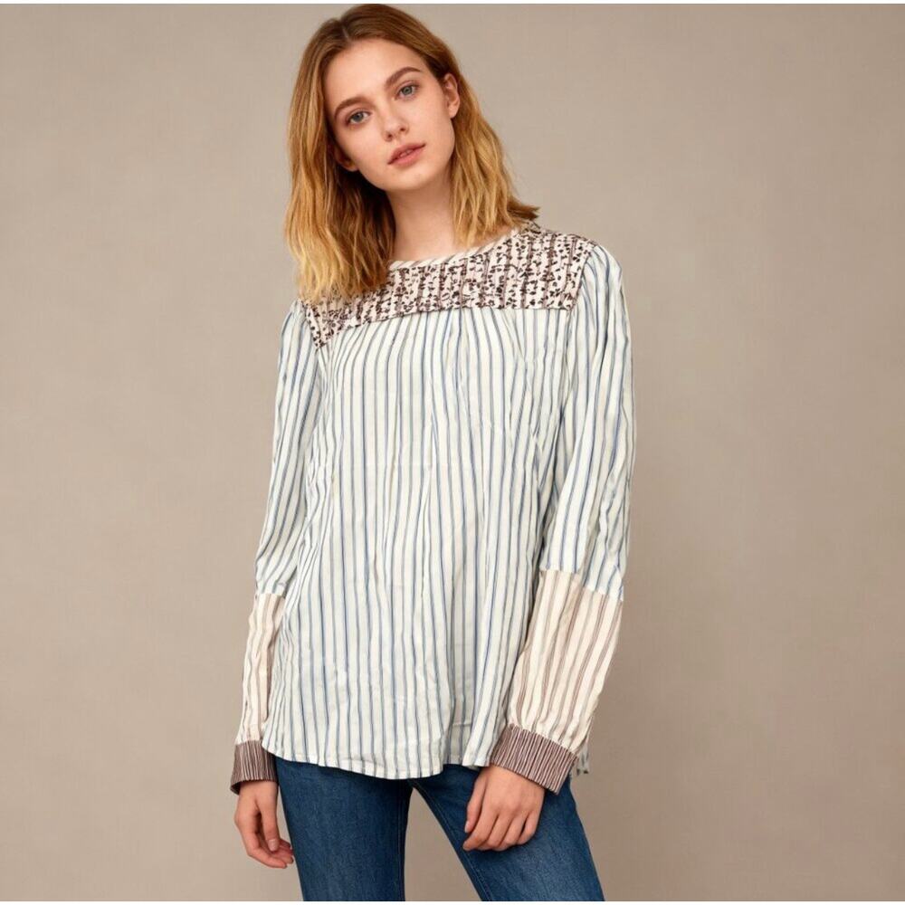See By Chloé Kim Patchwork Puff Sleeve Multicolor stripe floral  Top NWT Size 38